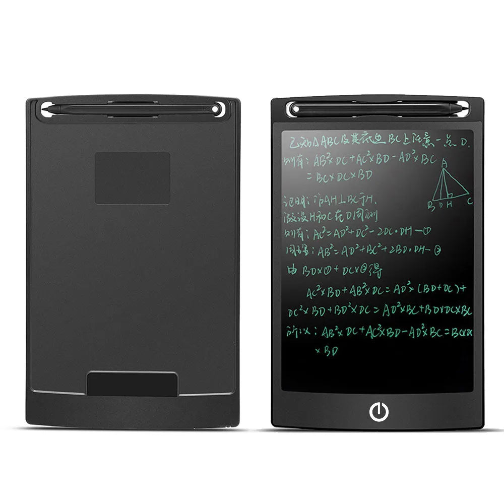 LCD drawing tablet with blue-green bold font display, ABS frame, erase button, and stylus