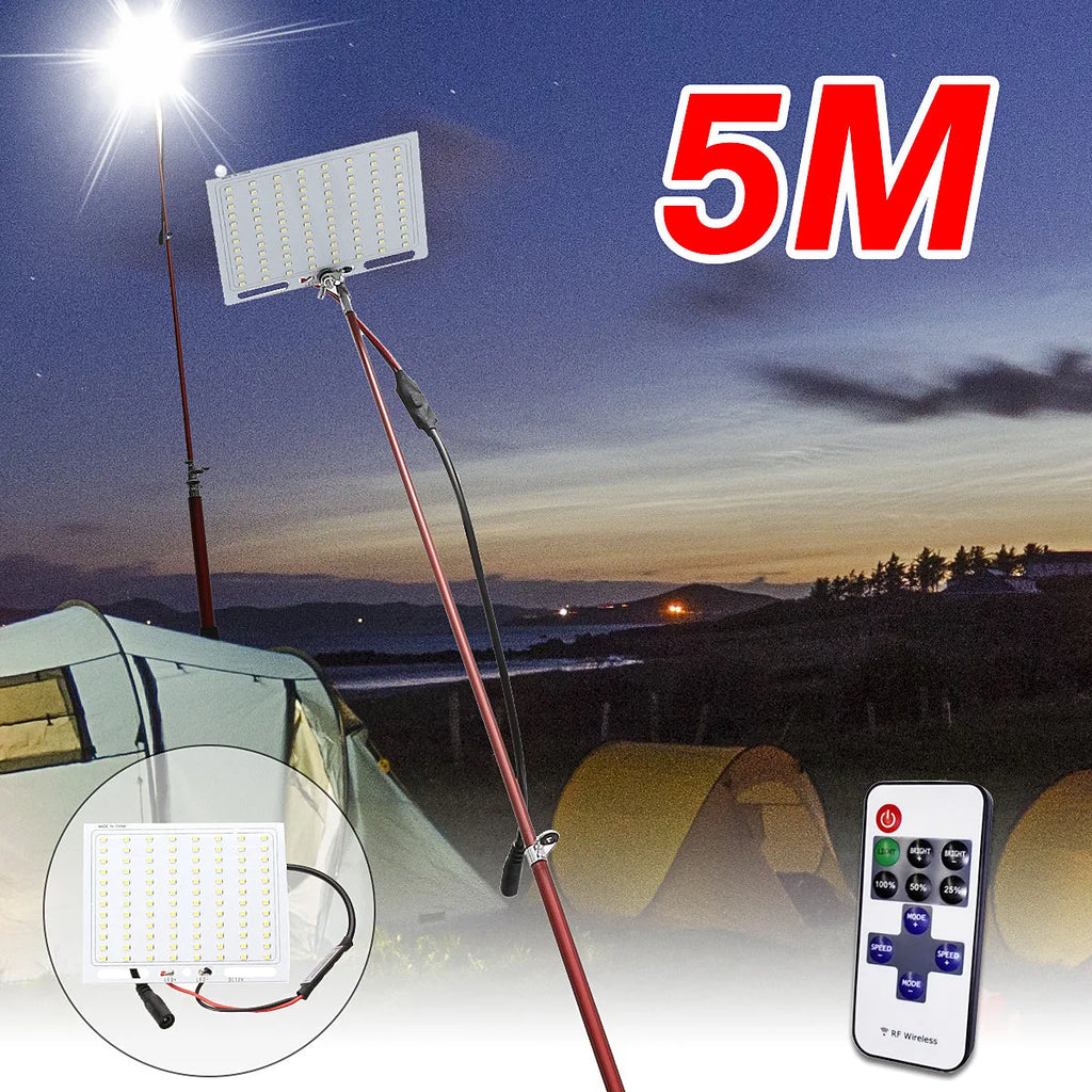 White LED fishing rod light with telescopic extension pole and remote control for outdoor use