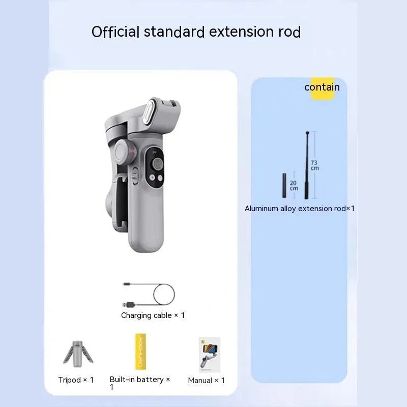 Silver grey three-axis smartphone gimbal stabiliser with extended arms and Bluetooth remote control