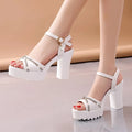 Women's black strappy high heel sandals with a platform wedge and block heel on a white background.
