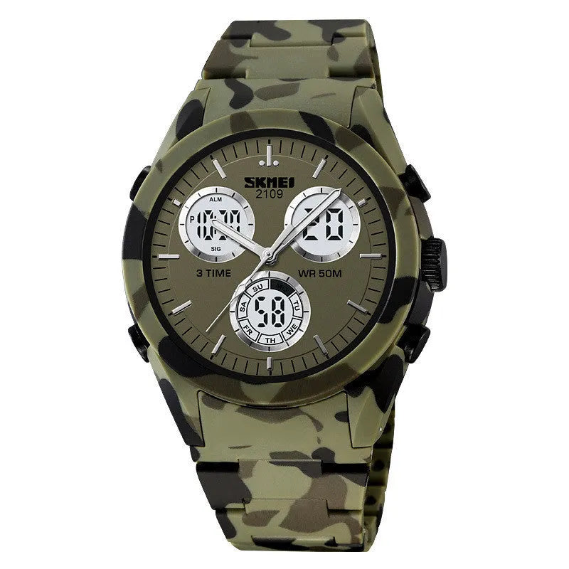 Casual electronic watch with a digital display, TPU strap, and ABS case shown in Army Green camouflage colour.