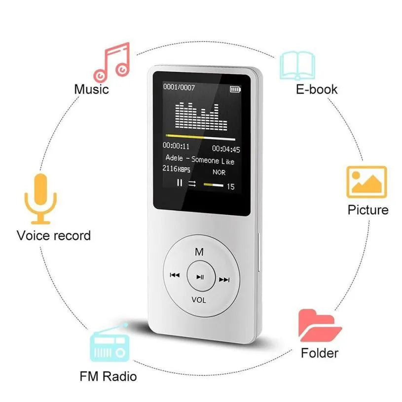 Portable black MP3 player with 1.8-inch TFT display showing AMV movie screen on a white background
