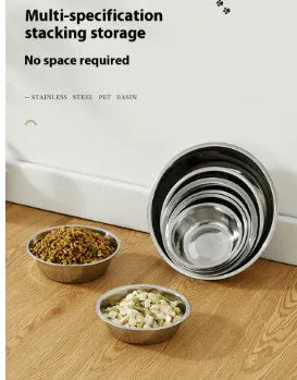 Stainless steel pet food bowl for dogs and cats with non-slip base in various sizes.