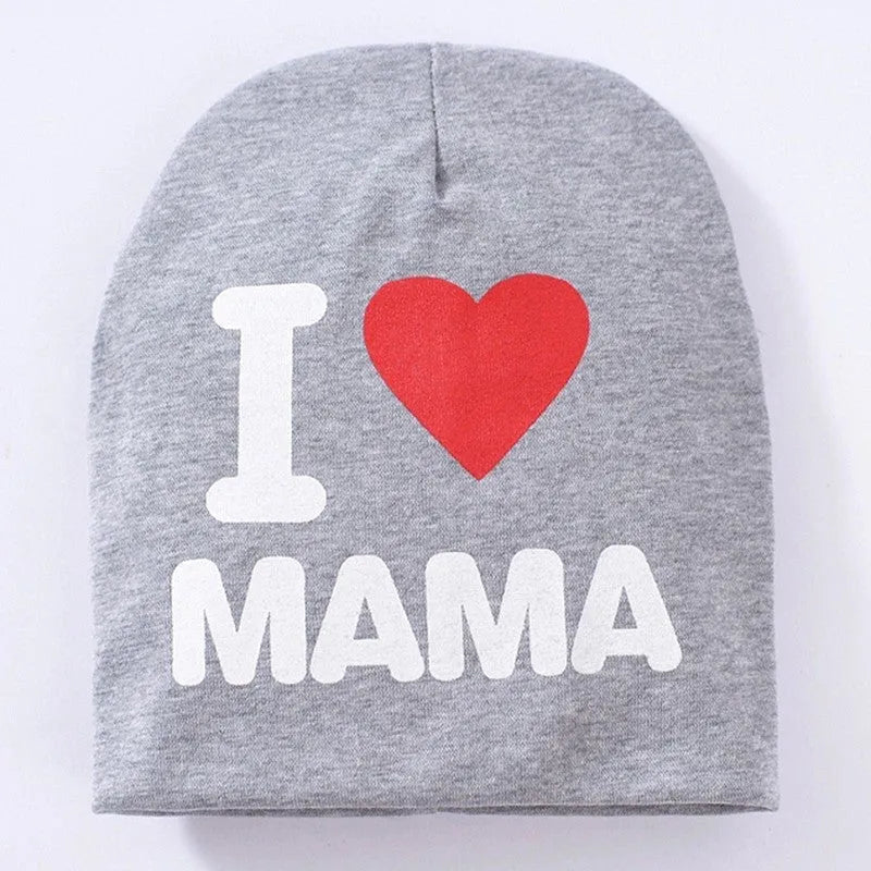 Cotton Lycra baby hat with love mama papa patterns in black grey white colours