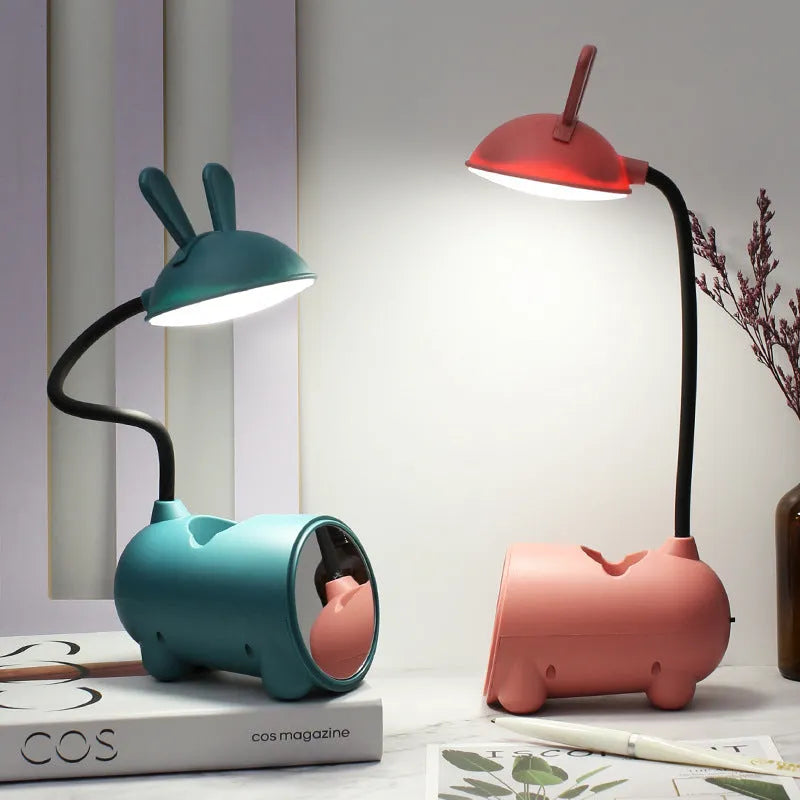 Cartoon-style USB desk lamp with pen container in modern simplicity design