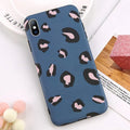 Leopard print protective mobile phone case for iPhone in black, blue, and pink colour options.