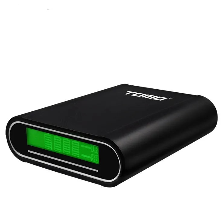 Black DIY mobile power box and charger for 18650 batteries with LCD screen and dual USB ports