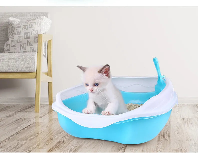 Semi enclosed thickened plastic cat litter box in blue with cat shovel, large size 46x36x17.5 cm