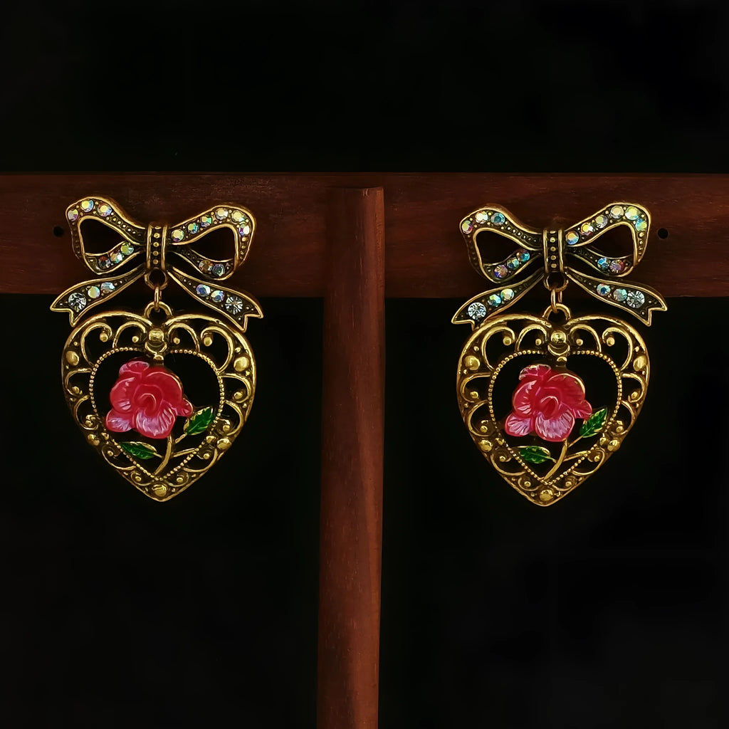 Copper alloy inlaid zirconium love heart rose bow hollow pattern earrings women Chinese style