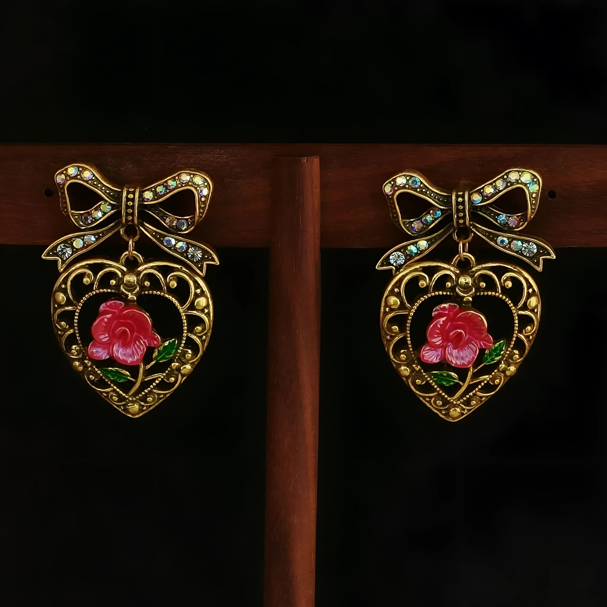 Copper alloy inlaid zirconium love heart rose bow hollow pattern earrings women Chinese style