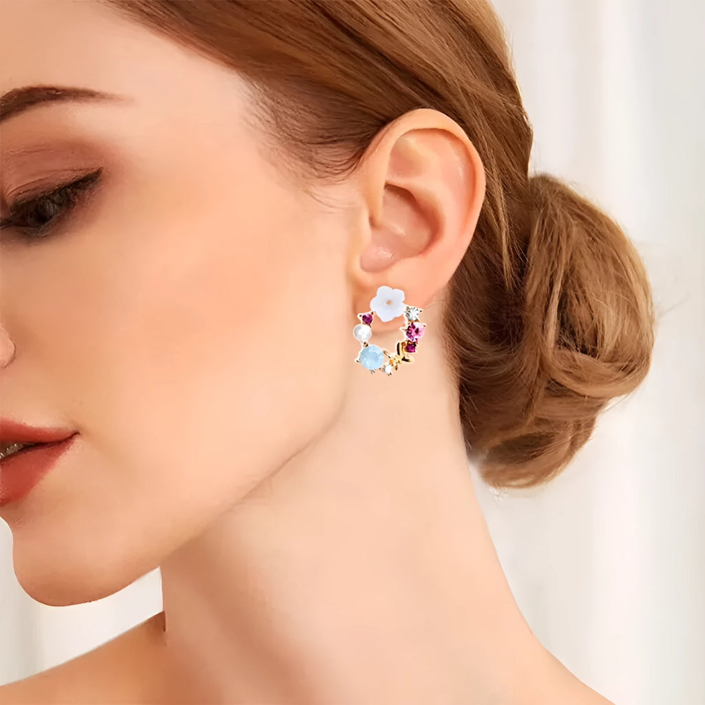 Sweet flower earrings for women alloy rhinestone blue