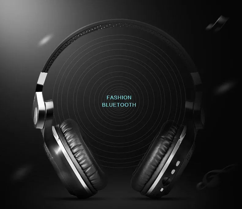 Black Bluetooth headset with head-mounted design, showcasing bilateral earpieces for stereo music playback.