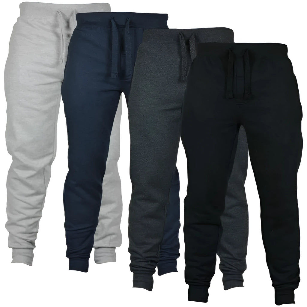 Men's solid colour cotton fleece casual pants with drawstring waistband in grey.