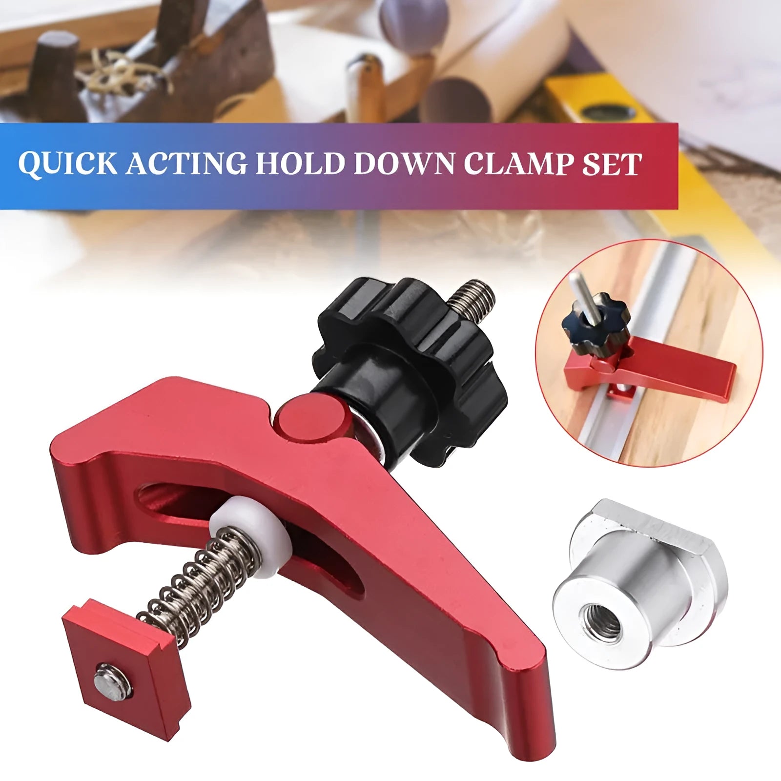Red aluminium alloy woodworking table block slide holder with a flat mouth and handle.