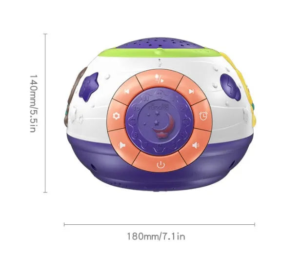 White plastic starry sky night light projector for children on a table.