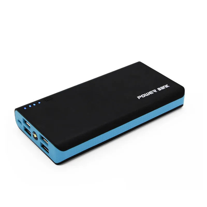 Blue 20000mAh power bank with 4U fast charging, showing dimensions and output port.