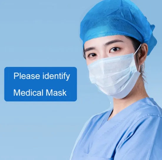 Disposable 3-ply face mask in light blue with ear loops, 175mm x 95mm non-woven fabric