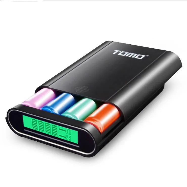 Black DIY mobile power box and charger for 18650 batteries with LCD screen and dual USB ports