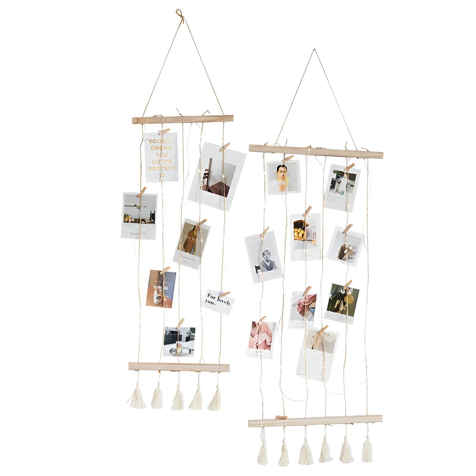 Wooden stick and natural hemp rope photo wall hanging pendant with wooden clips for displaying polaroids