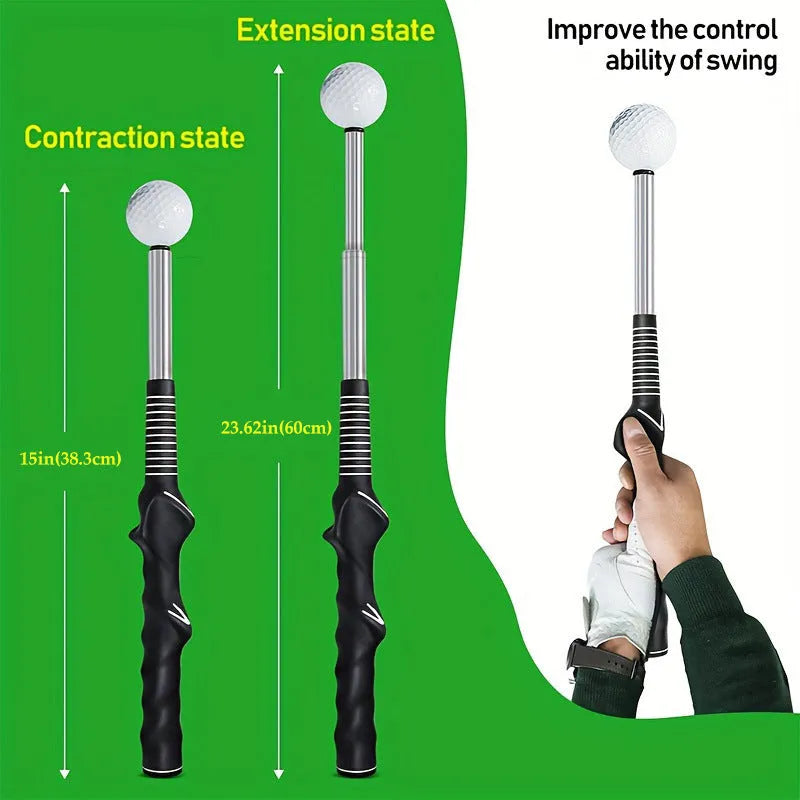 Telescopic stainless steel golf swing trainer simulator in black, blue, and red colour options