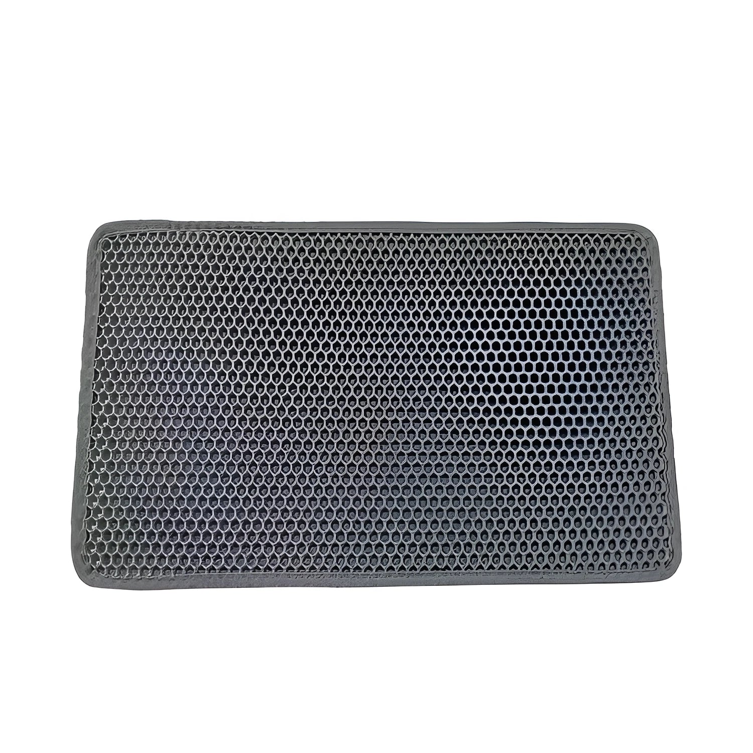 Black waterproof EVA cat litter mat with honeycomb surface for trapping litter, shown next to a litter box.