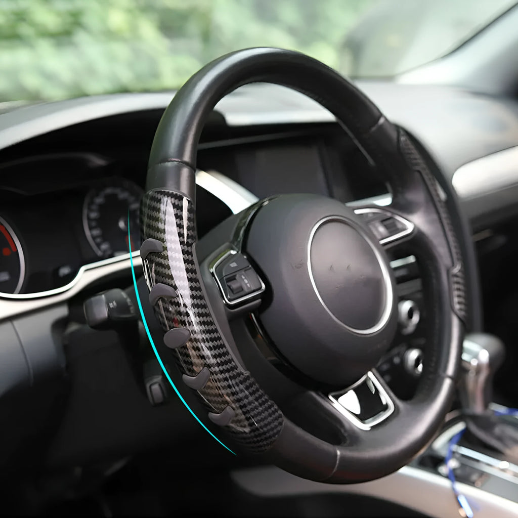 Carbon fibre black steering wheel anti-slip sleeve for 38cm diameter car wheels.