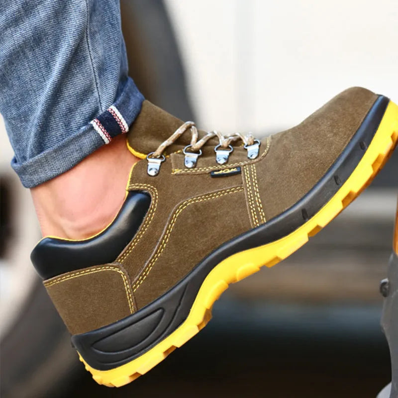 Bronze cow suede steel toe safety shoes showing low-cut design and non-slip sole pattern