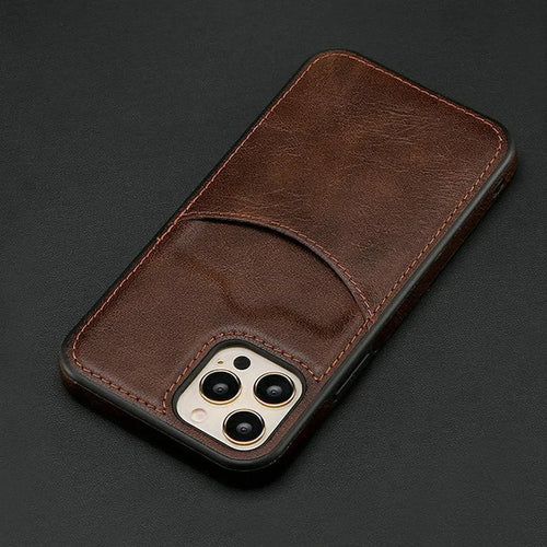 Dark blue PU leather protective case on an iPhone, showing a snug fit and raised edges around the screen.