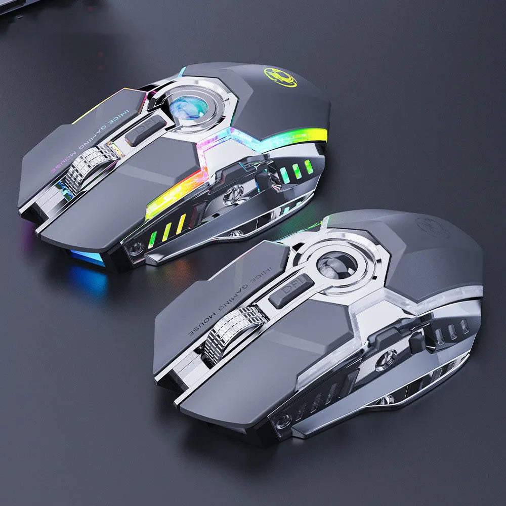 Seven-button wireless gaming mouse with horse racing design, RGB lighting, and silent charging in black and grey colour options.