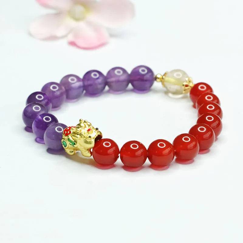 Chinese style bracelet with purple amethyst and red agate 8mm round beads for women