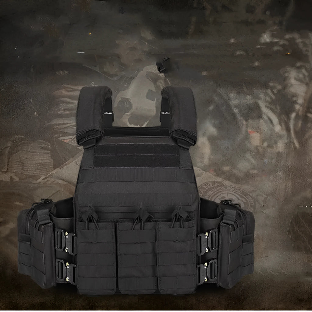 Men's camouflage polyester tactical vest shown in jungle camouflage pattern, designed for outdoor training.