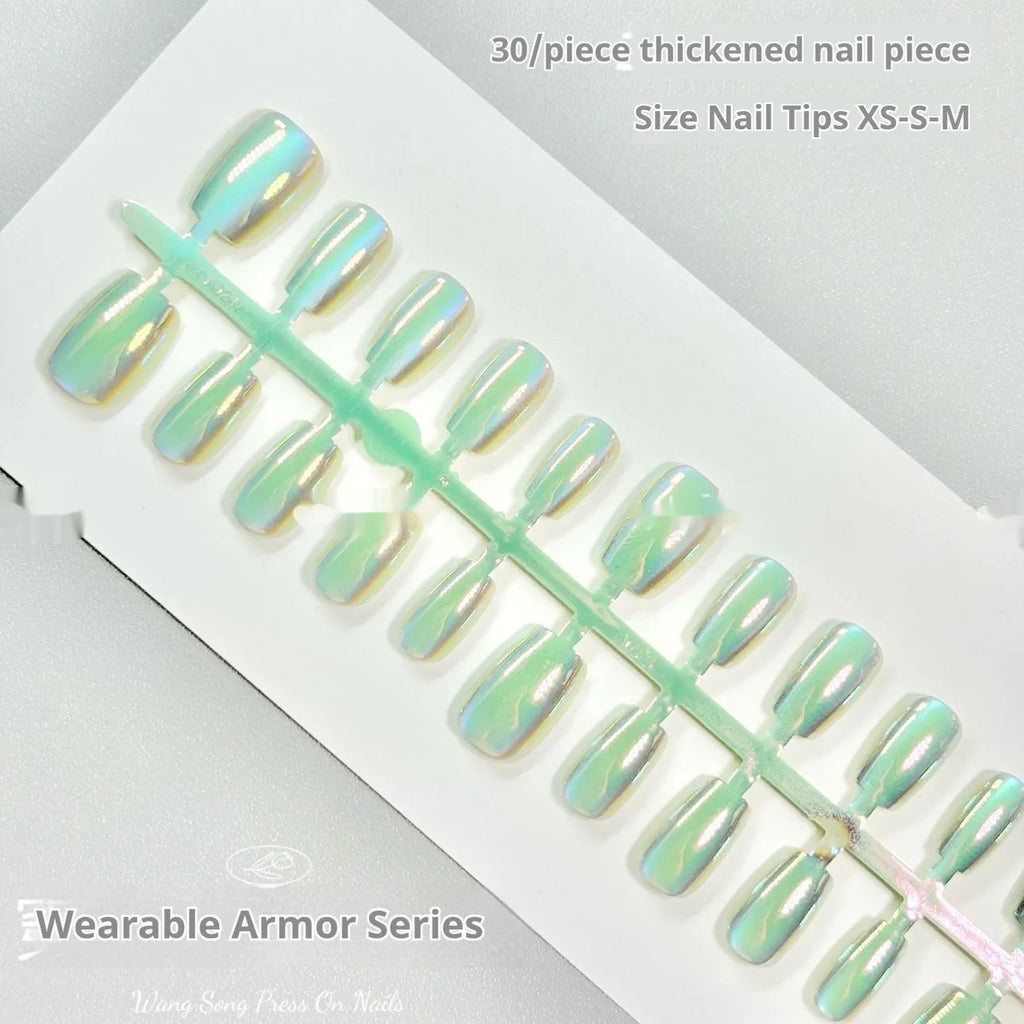 Electroplated Cat's Eye aurora armour false nail set in short ladder sizes XS, S, M.