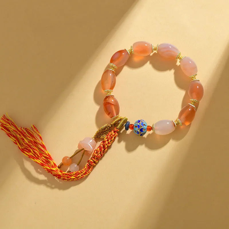 Jinsi jade agate Tibetan bracelet with lily flower and geometric bead designs