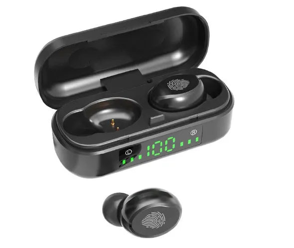 Black sports wireless Bluetooth headset with V8 earphone shell showing earplug design