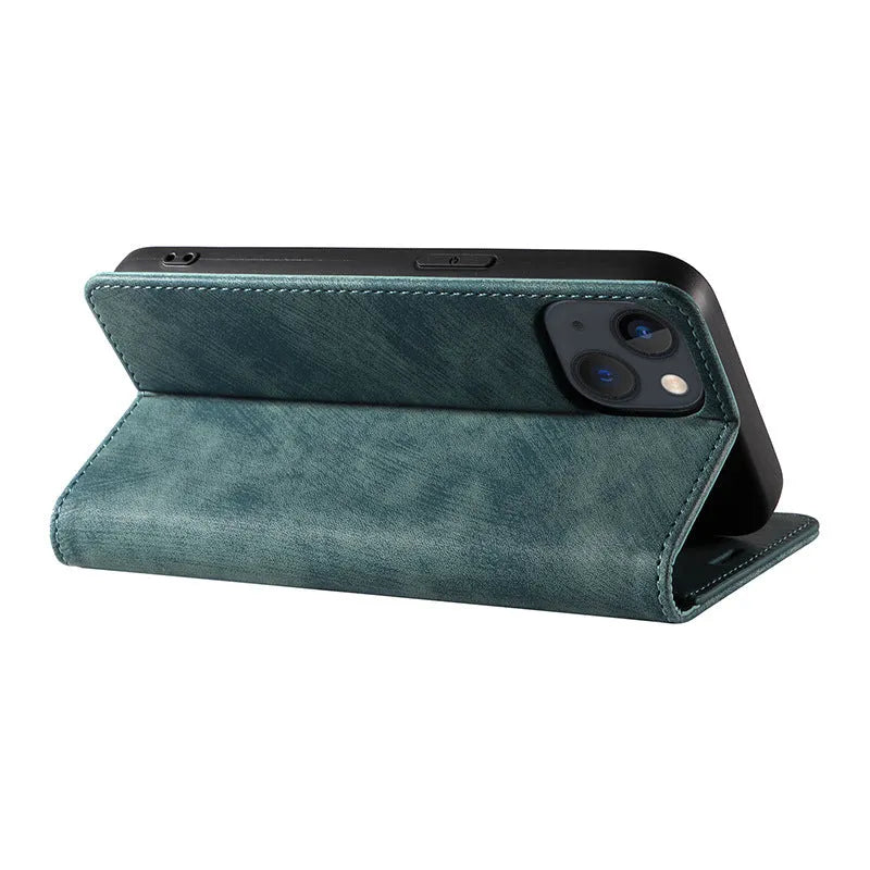 Magnetic flip leather phone case for iPhone shown closed and open, revealing card slot and screen.