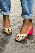 Women's high heel peep toe buckle sandals in silver rose red, gold rose red, and bright red colours