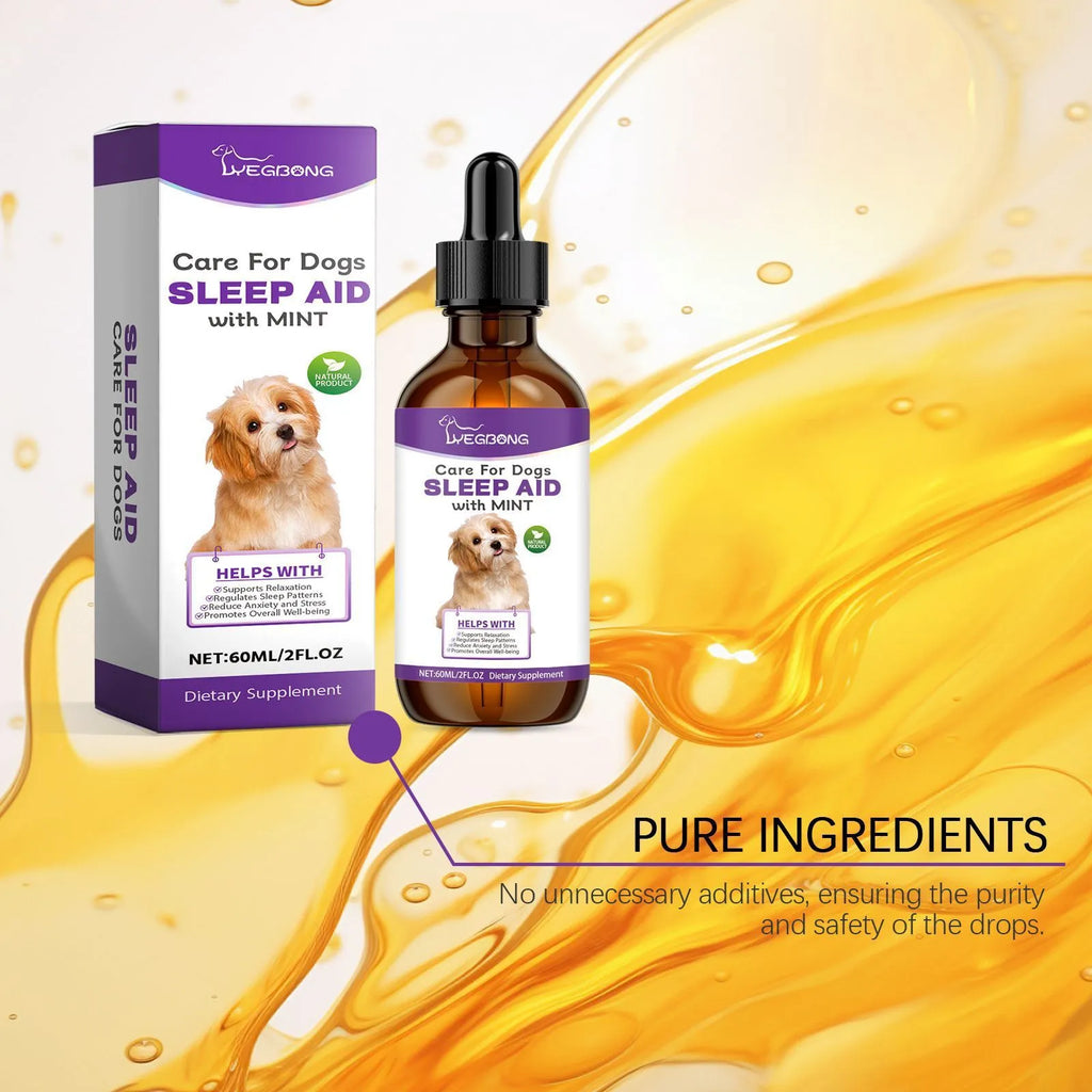 60ml bottle of Dog Sleep Drops liquid supplement for dogs, measuring 12cm tall.