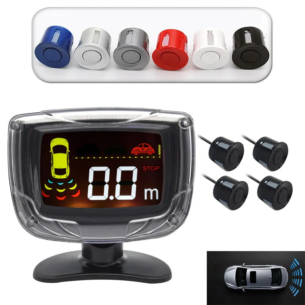 Wireless reversing sensor kit for cars with main unit, four ultrasonic probes, LED display, and installation tools.