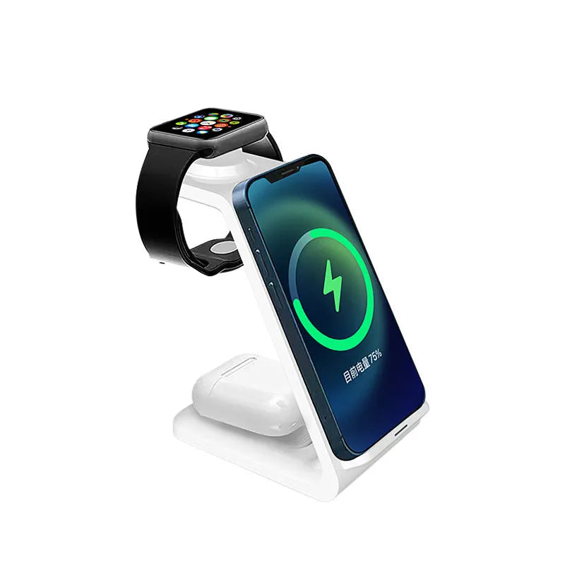 Black and white 3-in-1 upright wireless charger and phone holder on a desk with Type-C cable.