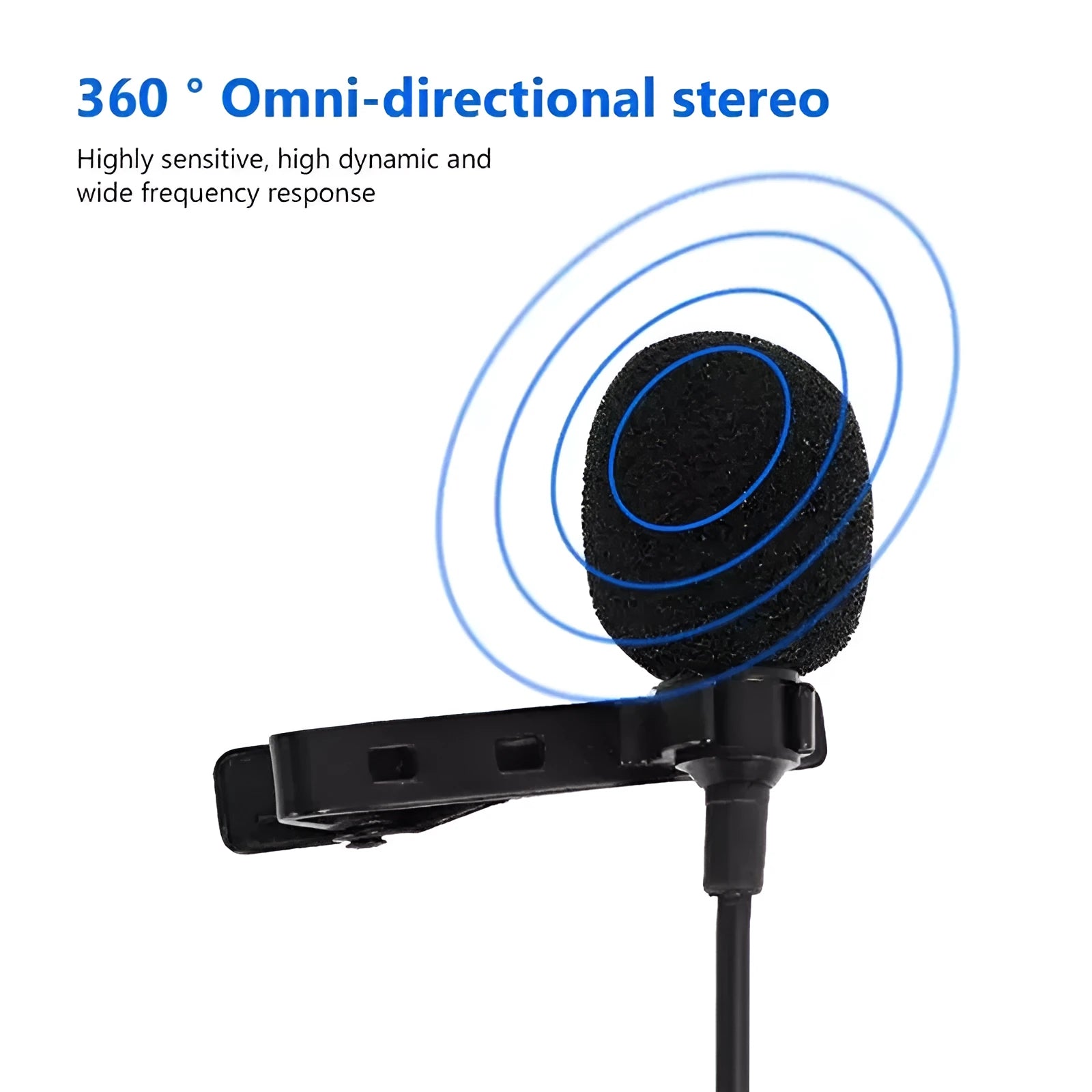 A black clip-on lavalier lapel microphone with a 3.5mm plug and 1.5m cable, compatible with iPhone.