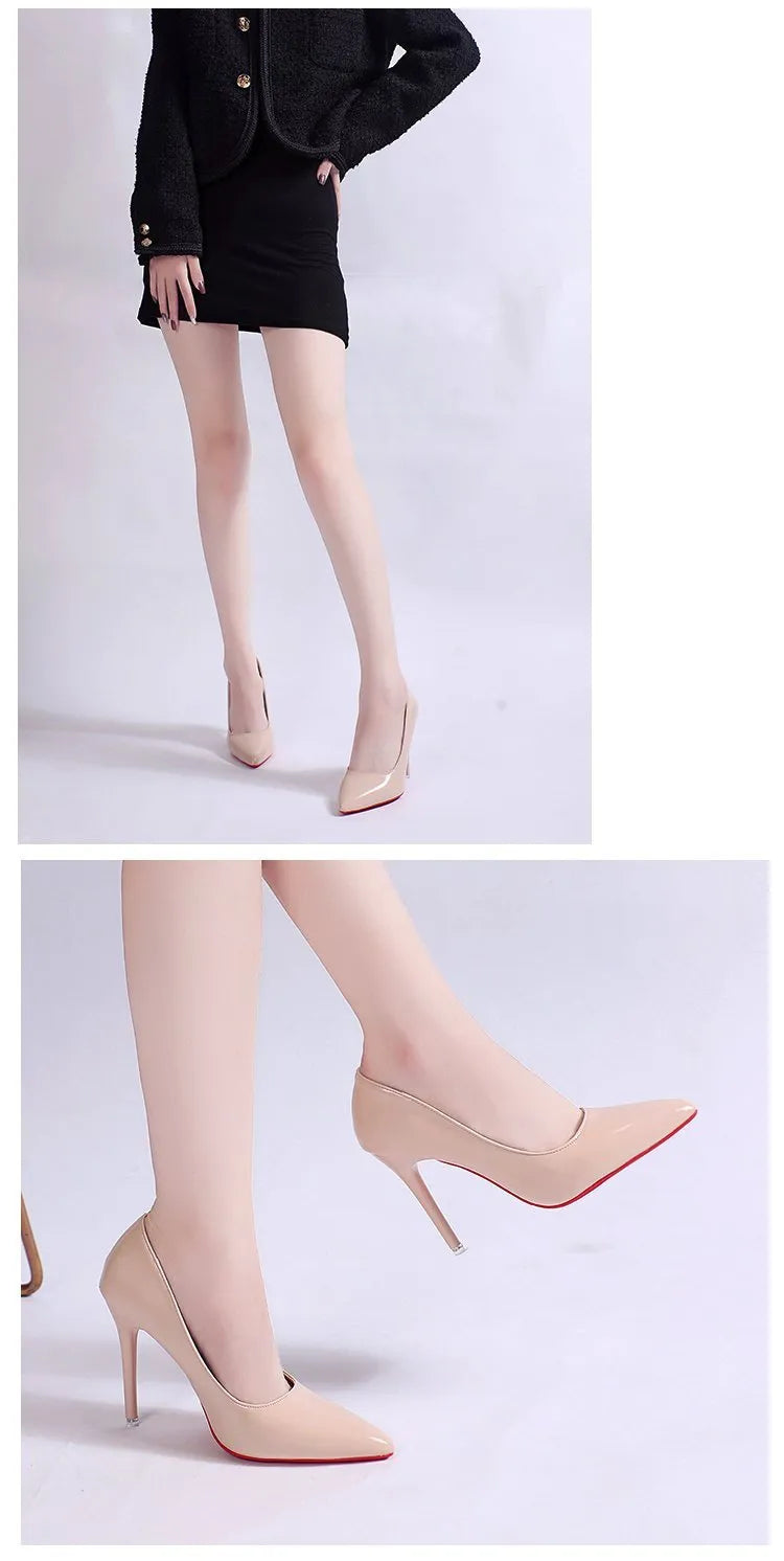 Women's black stiletto heel pump with pointed toe and shallow mouth cut on a white background.