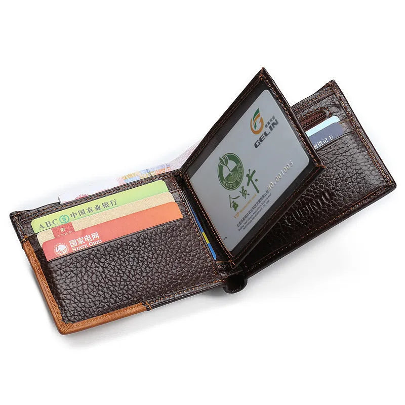 Soft brown cowhide men's wallet open, showing card slots, bill compartment, and zippered coin section with contrast stitching.