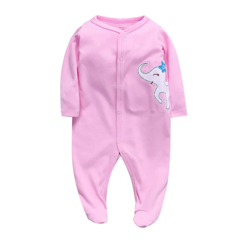 A soft cotton baby one-piece garment featuring a dinosaur print, shown on a hanger.