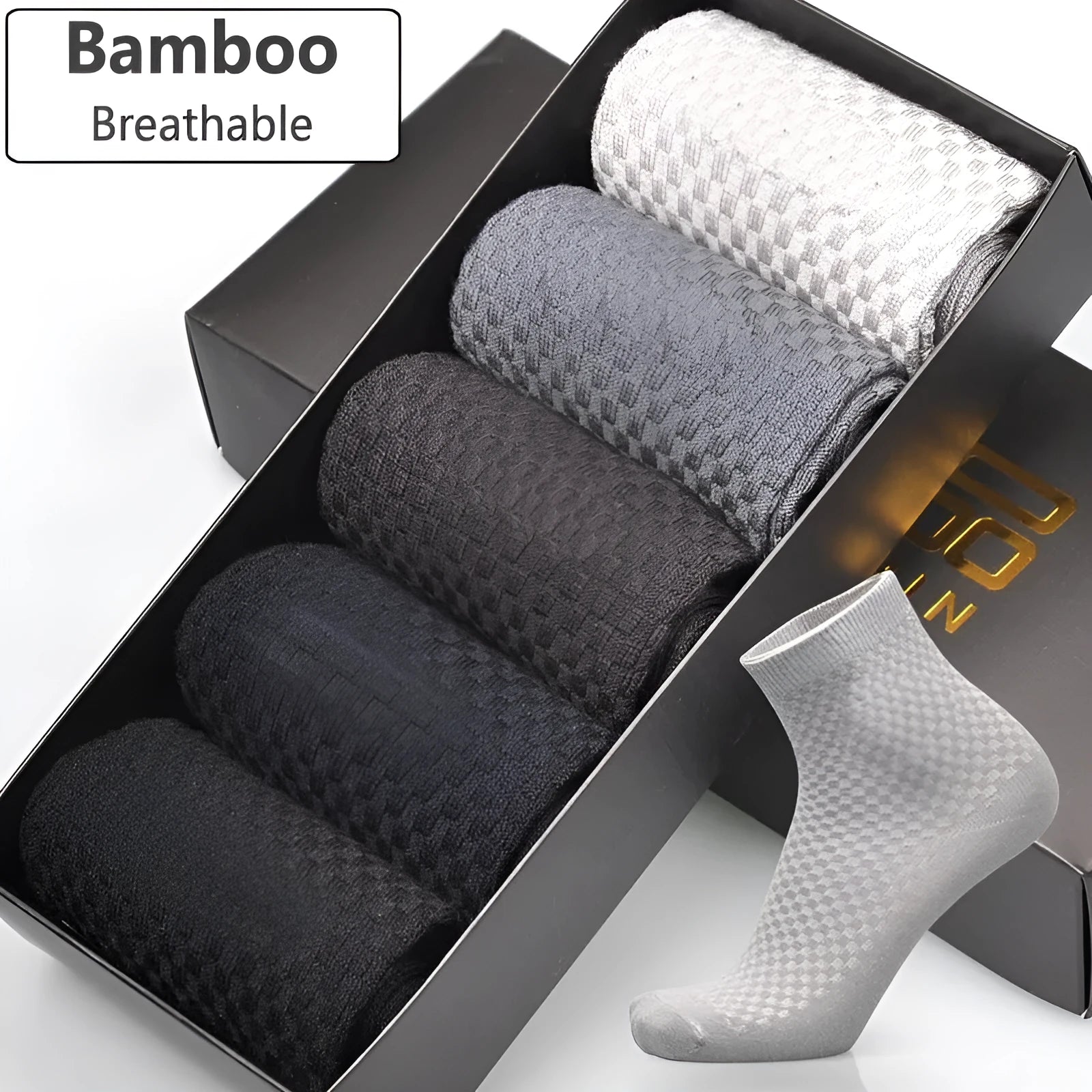 Men's bamboo fibre ankle socks in black, navy, silver grey, iron grey, and grey blue with a small square pattern.