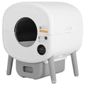 Grey automatic self-cleaning cat litter box with sealed waste drawer, placed on a hardwood floor.