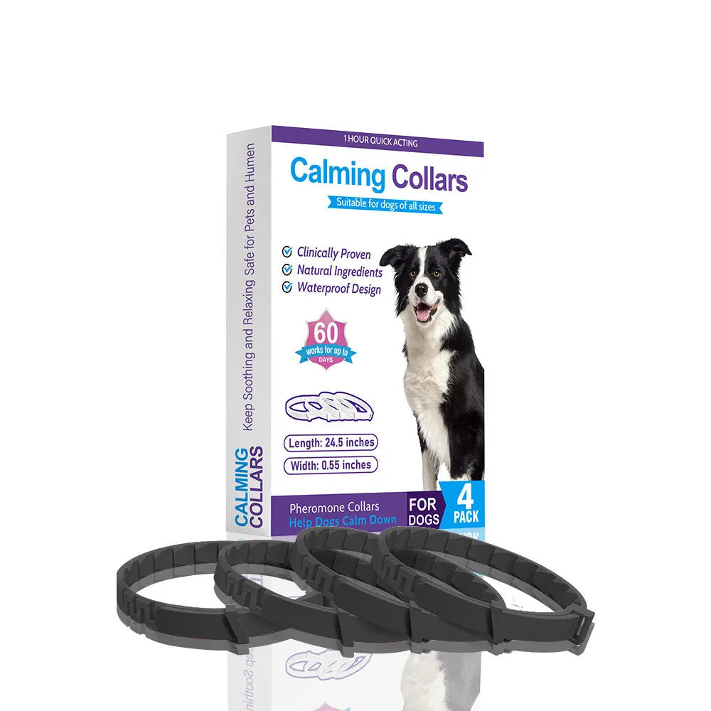 A pack of four solid-colour dog anxiety relief collars made from black, blue, grey, and pink TPR, each measuring 62cm.