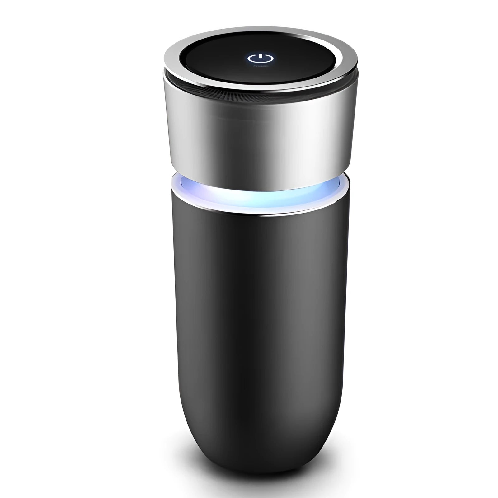 USB negative ion car air purifier in black and white, 75x75x165mm, with USB cable