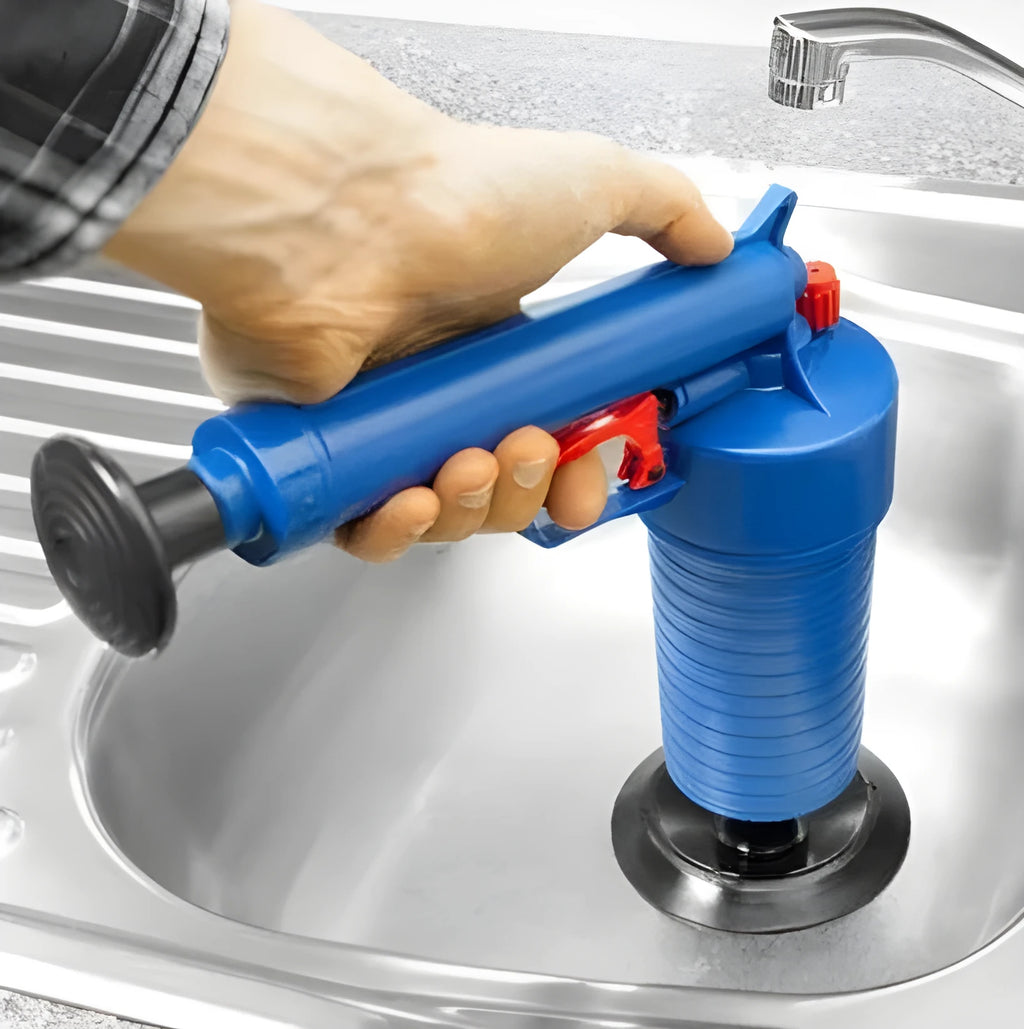 Plastic high-pressure air drain blaster gun with four different sized adaptor suckers for unclogging sinks and toilets.