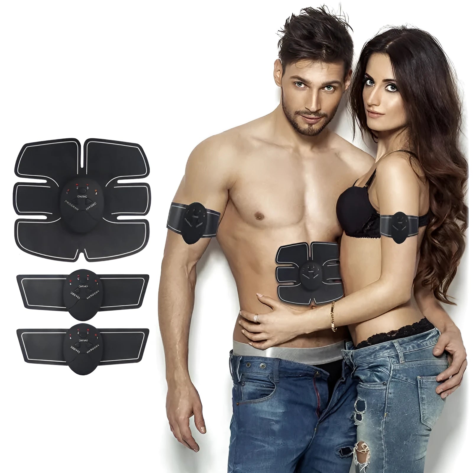 Black smart rechargeable abdominal patch with EMS technology and push-button controls
