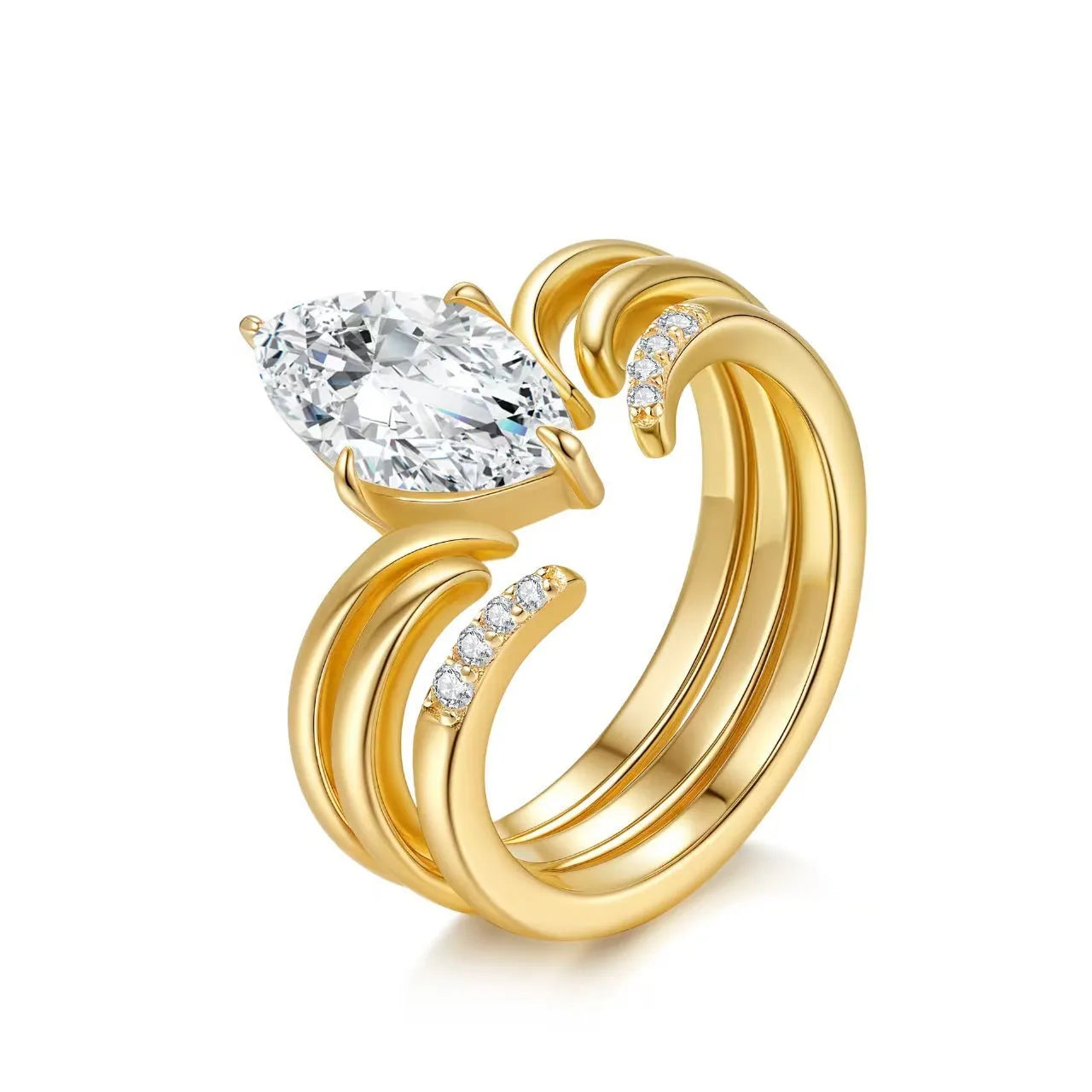 Gold zinc alloy three-piece geometric ring set with horse eye inlay on white background